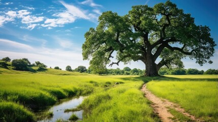 Fototapeta na wymiar Meadow at summertime and an old, big oak standing in the middle