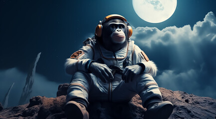 Fantasy portrait of astronaut Monkey in space wearing helmet and full space suit, the moon in behind, fantasy, science fiction, 