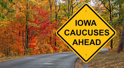 Iowa Caucuses Ahead Caution Sign Autumn Background
