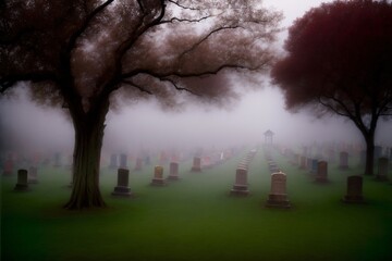 A Cemetery On A Foggy Day With Trees In The Foreground