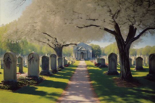 A Painting Of A Cemetery With A Church In The Background