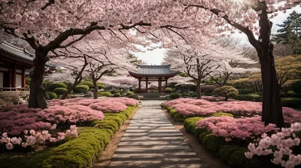 Schilderijen op glas Japanese cherry blossom garden background with path © Mike