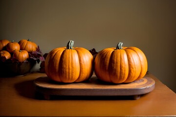 Three Pumpkins Sitting On A Cutting Board On A Table