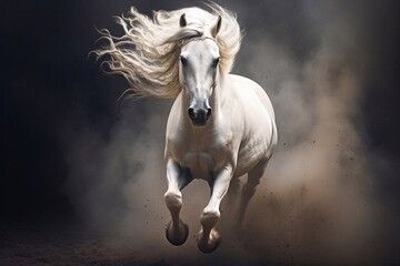 Obraz na płótnie Canvas White arabian stallion with long mane running in dust