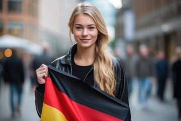 Portrait of a young woman wearing the German flag in black, red and gold colors.