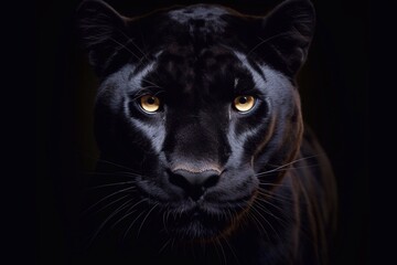 Portrait of a beautiful black panther on a black background. Black cougar