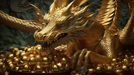 Fototapeta premium Dragon Protecting Gold, Generative AI Illustration