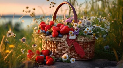 Obraz na płótnie Canvas A basket full of strawberries sitting on top of a rock