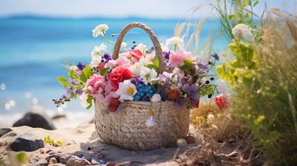 Fototapeta na wymiar A basket filled with flowers sitting on top of a sandy beach