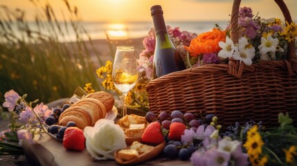 Obraz na płótnie Canvas A picnic basket filled with food and a glass of wine