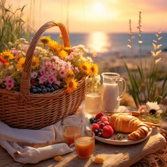 Fototapeta na wymiar A basket full of flowers next to a plate of food