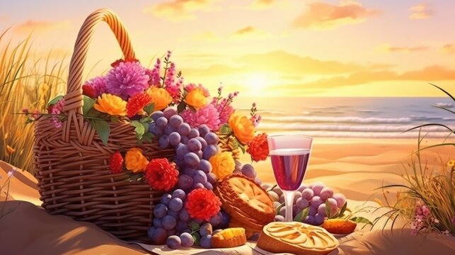A basket of fruit and a glass of wine on a beach
