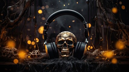 An image of a skull wearing headphones, adorned with intricate Halloween-themed decorations such as cobwebs and spooky lighting.