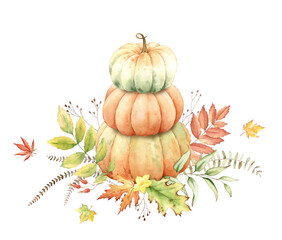 Arrangement of fall pumpkins and leaves.