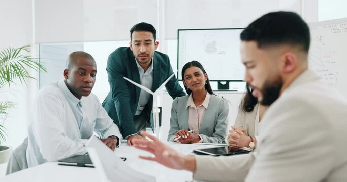 Wind turbine, meeting and people or office team working on clean energy and sustainability planning. Engineering, project proposal and architect job with eco friendly and innovation on 3d design