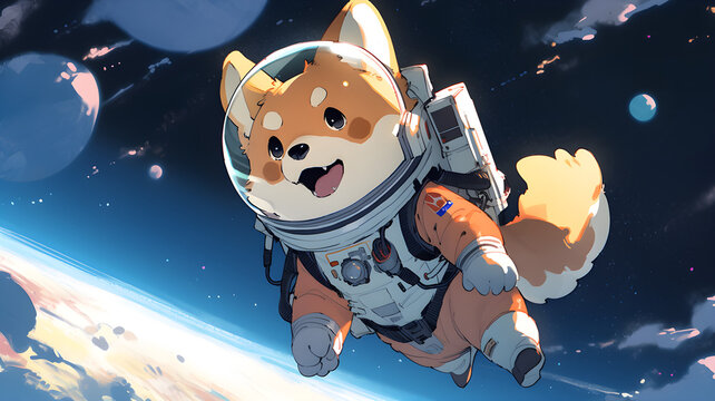 Shiba Inu in space, astronaut, moon, SHIB Dogecoin Doge, AI generated