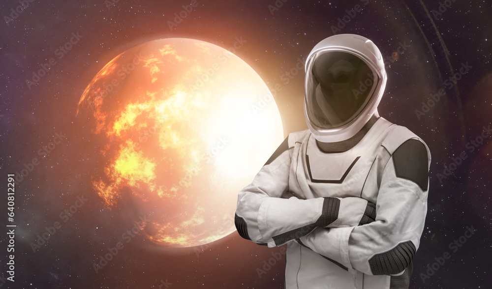 Aufkleber Astronaut stand in space near bright red planet. Star in deep space. Spaceman sci-fi concept. Elements of this image furnished by NASA