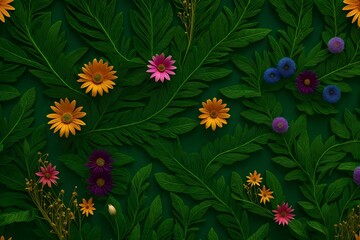 an intricate floral design that blends elements of a lush forest and a blooming meadow, incorporating rich shades of green and vibrant wildflowers - AI Generative