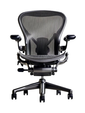 Black color Chair isolated on transparent background. Don Chadwick Bill Stumpf Aeron chair. Concept of office, furniture, comfort and design.