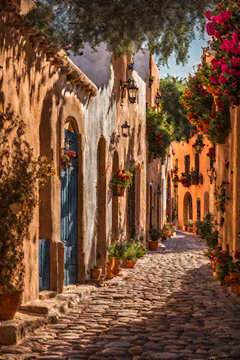 art illustration of a street in a vintage quaint little Mexican desert village, cobblestone street - generative ai