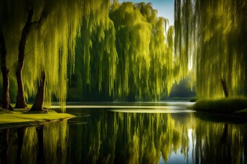 A serene pond surrounded by weeping willow trees and their cascading branches.
 - obrazy, fototapety, plakaty
