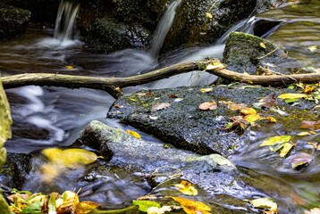 Fototapeta na wymiar waterfall in the forest, stream in the Bergpark near Kassel