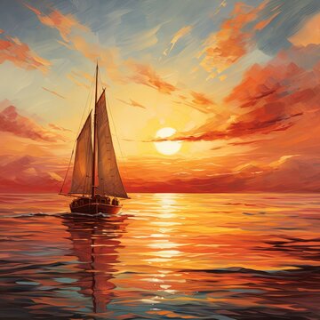  a painting of a sailboat in the ocean at sunset.  generative ai