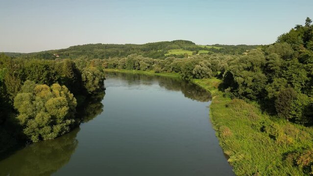 A view of the San River riverbed and floodplain in Krasice, Przemysl Foothills, Poland