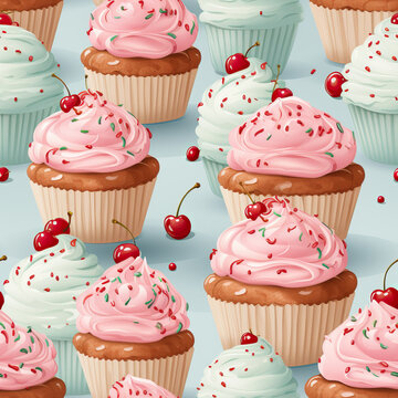 Seamless pattern, watercolor cupcakes on a blue background.
