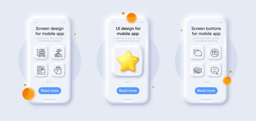 Love document, Smile chat and Risk management line icons pack. 3d phone mockups with star. Glass smartphone screen. Cyber attack, Talk bubble, No handbag web icon. Vector