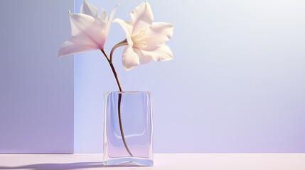  a single flower in a glass vase on a table with a blue background.  generative ai