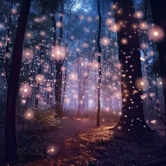 Fairy Lights in the Forest, Generative AI Illustration