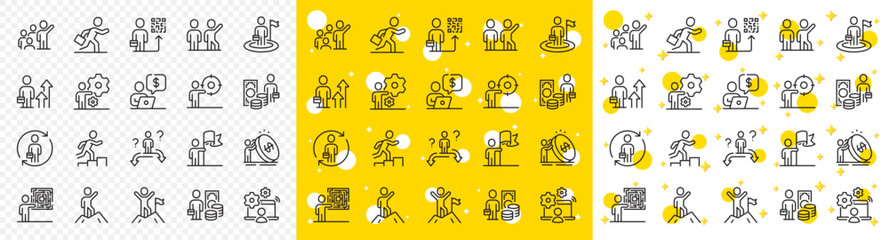 Leadership flag, person skill and maze labyrinth set. Business people line icons. Goal flag, management strategy and human skill line icons. Business leadership, social target, collaboration. Vector
