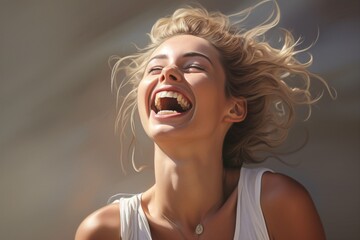 Portrait photography of a beautiful woman laughing and creative natural lighting - obrazy, fototapety, plakaty