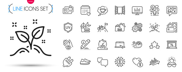 Pack of Startup concept, Shoes and Healthcare calendar line icons. Include Card, Music making, Mountain bike pictogram icons. Uv protection, Timer, Market signs. Cogwheel, Speedometer. Vector