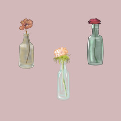 Pink Set Bouquets still life with flowers in bottle vases. Drawing style. Colorful illustrations of flowers and still lifes. Interior painting for wedding invitation, poster, banner, logo, post card.