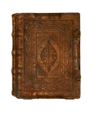 Old leather bound book. Isolated on white
