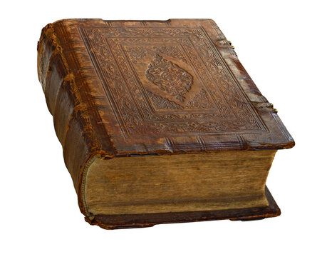 Old leather bound book. Isolated on white