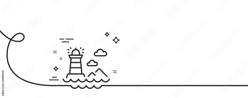 Poster lighthouse line icon. continuous one line with curl. beacon tower sign. searchlight building symbol.