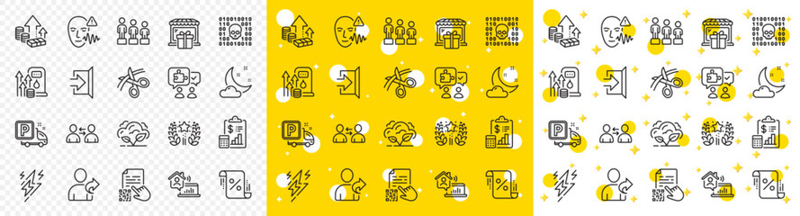 Outline Voice wave, Lightning bolt and Exit line icons pack for web with Puzzle, Gift shop, Scissors line icon. Fuel price, Loan percent, Communication pictogram icon. Ranking. Vector