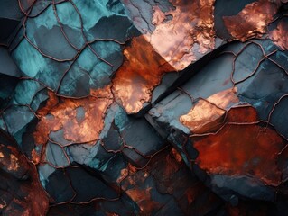 Visible veins of copper at the rocky walls of an old mine shaft - obrazy, fototapety, plakaty