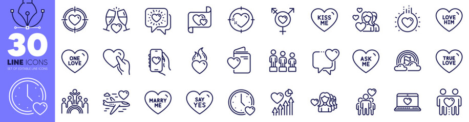 Marry me, Heart and Friendship line icons pack. Love, Kiss me, Dating web icon. Wedding glasses, True love, Heart target pictogram. Couple, Valentine target, Friends chat. Genders. Vector