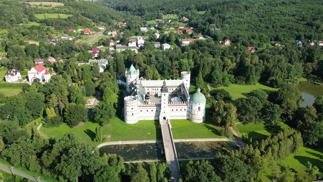 Krasiczyn, Subcarpathian, Poland - 21 August 2023: Renaissance palace complex in Krasiczyn with the adjacent English park  