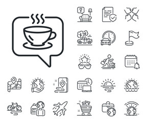 Tea drink sign. Plane jet, travel map and baggage claim outline icons. Hot coffee line icon. Cafe symbol. Coffee line sign. Car rental, taxi transport icon. Place location. Airport lounge. Vector