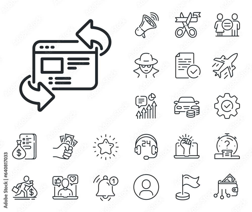 Poster update web page sign. salaryman, gender equality and alert bell outline icons. refresh website line 