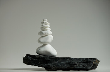 white smooth stones balanced over one black flat stone  - 640817293