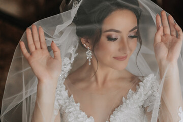 Close-up shot of an elegant brunette bride in a white dress posing under a veil close-up. Bride...