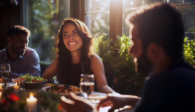 A candid moment captures a group of friends engrossed in conversation at a fine dining restaurant. The focus is on a young woman, elegantly dressed, her smile lighting up the table.