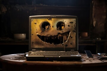 A laptop computer with a creepy face on it created with Generative AI technology