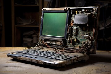 An old laptop with a green screen on a table created with Generative AI technology